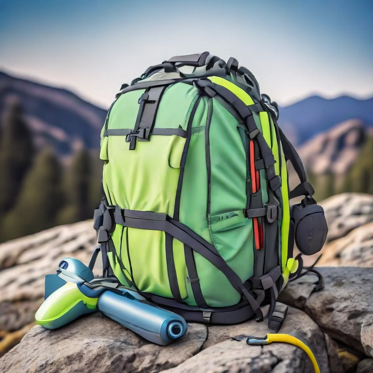 Ein großer Wanderrucksack in einer ruhigen Umgebung.