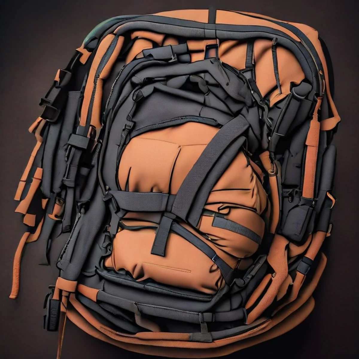 Vista superior de una mochila de senderismo abierta mostrando sus compartimentos internos.