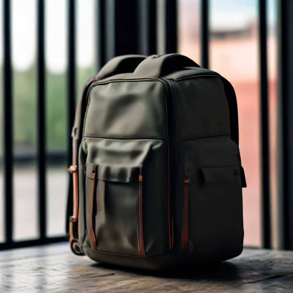 Gros plan détaillé d'un sac à dos de voyage robuste.