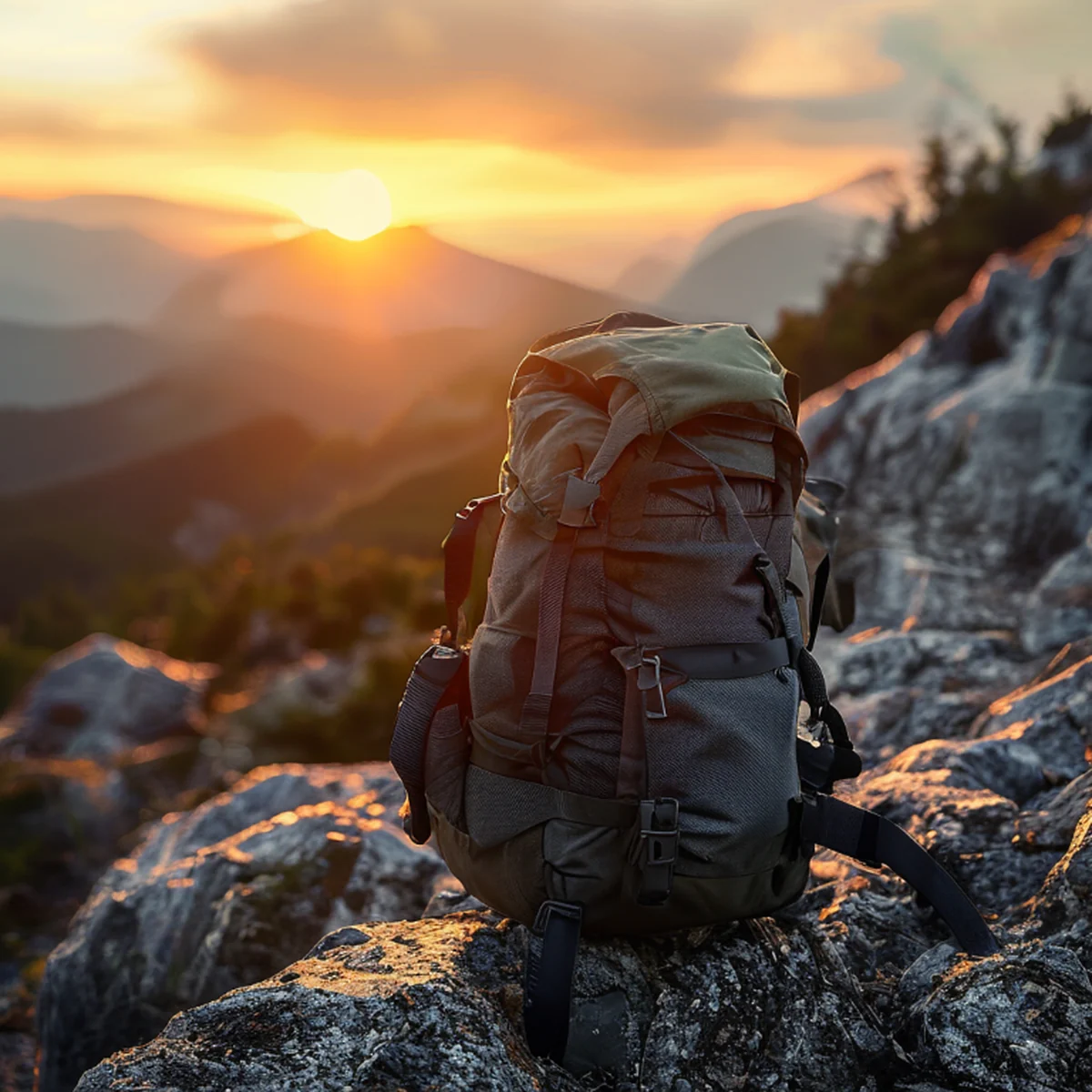 登山道に置かれた、耐久性の高いハイキング用バックパック。