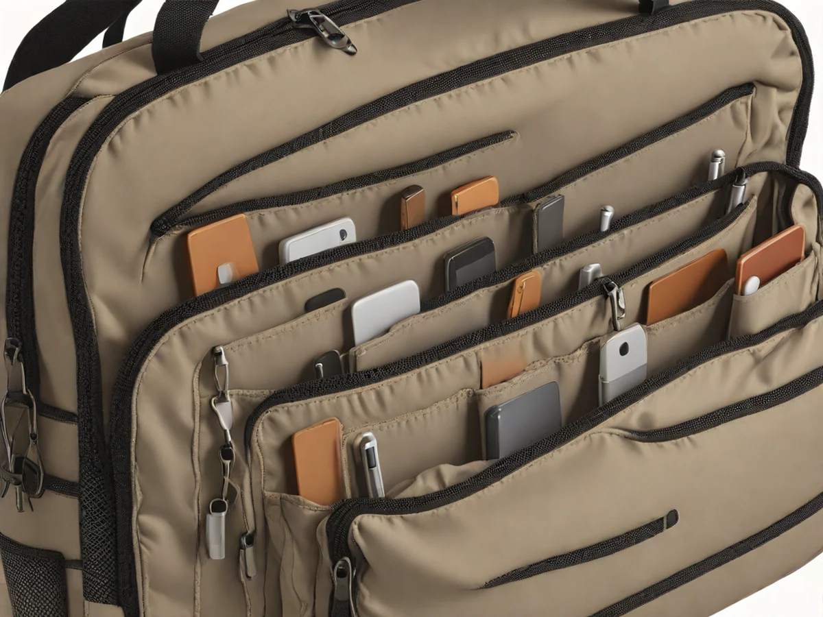 Close-up shot highlighting the sophisticated internal storage structure and durable material of the bag