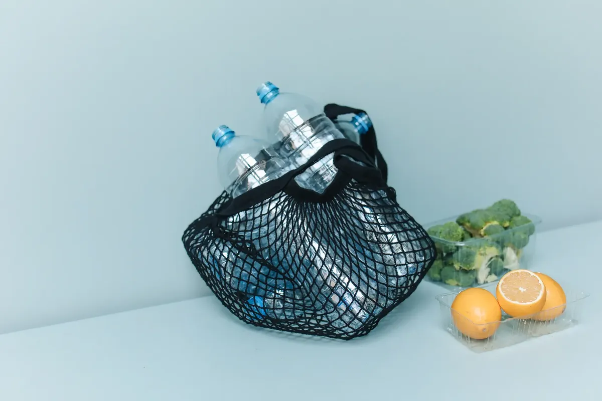 Image of a net bag with plastic bottles, broccoli, and lemons symbolizing zero waste living.