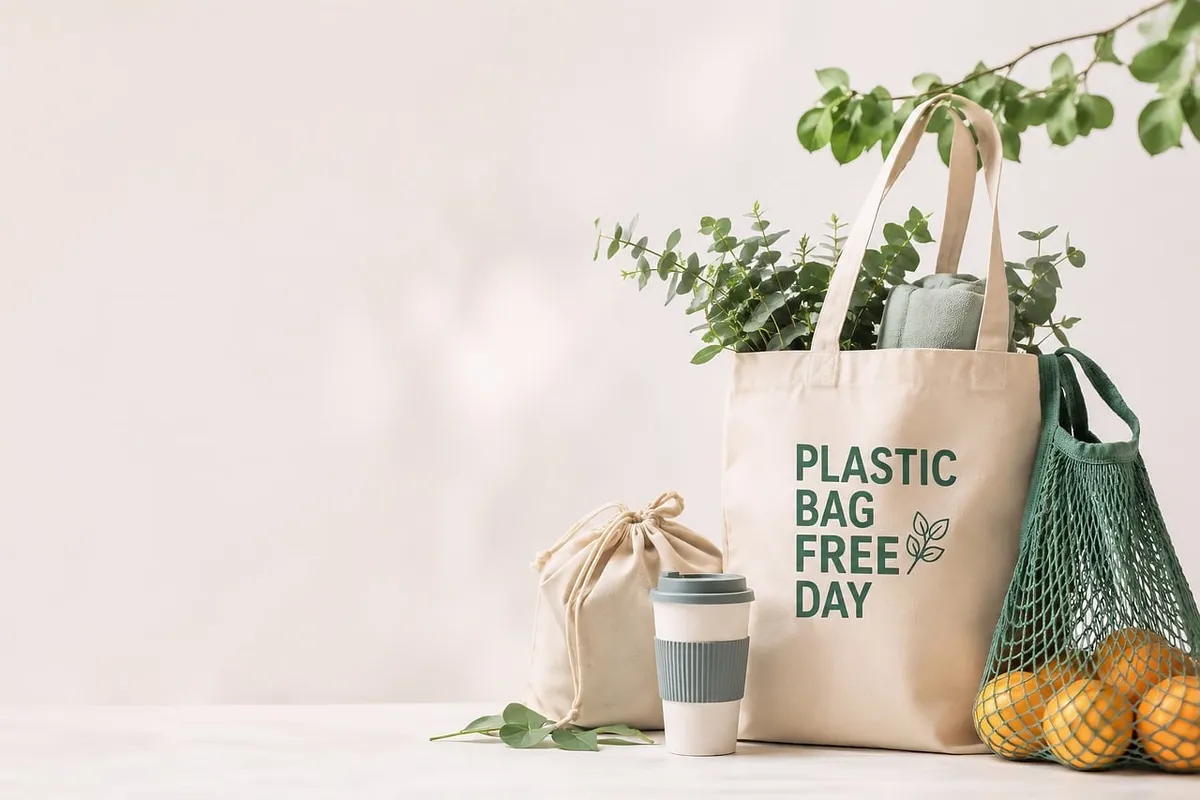 eco-friendly, shopping bag, plastic bag free day, sustainable, reuse, cloth bag, mesh bag, coffee cup, fruit, environmental awareness, natural material, waste,