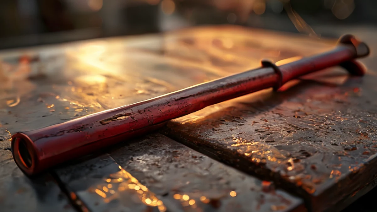 Dunkelrote Karabinenhebel, rechteckig, poliert, rostige Kante, auf Metalltisch unter goldenem Stundenlicht, flache Schärfe, photo-realistisch, scharfe Schärfe, hohe Details