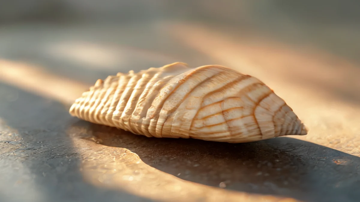 Ein einziger Cancun-Schale-Schwert, raue Oberfläche, leichte Beige-Farbe, auf einer metallischen Oberfläche unter warmem Seitenlicht, flache Schärfe, photorealistisch, scharfe Fokussierung, hohe Details