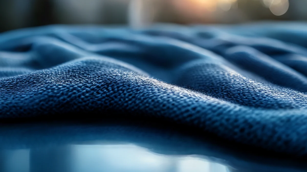 Resin surface with textile weave, soft and matted, deep blue, on glass table, warm light, 85mm lens, shallow focus, photorealistic, sharp detail