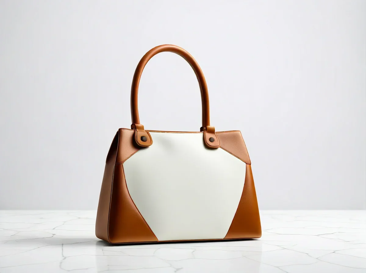 Luxury leather handbag placed on a white marble pedestal block