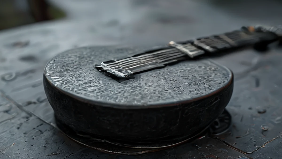 Guitare en céramique texturée, surface grise, texture rugueuse, sur un support métallique, ciel nuageux, objectif 35mm, champ de profondeur faible, réalisme photo, détails élevés