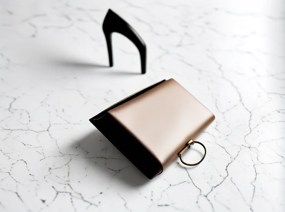 Kleine clutch tas naast stiletto hakchoenen op een marmeren vloer